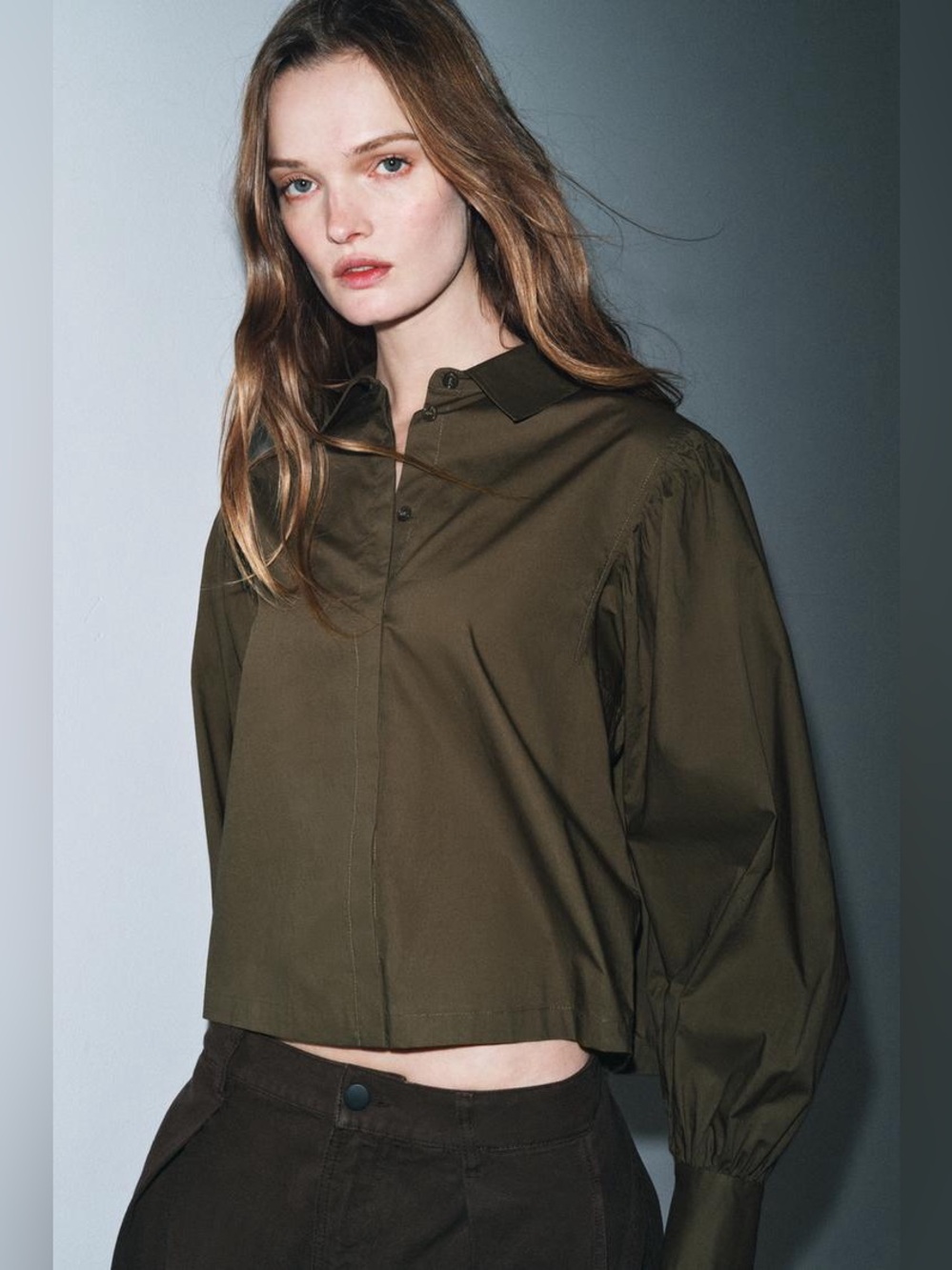 NWT Zara Poplin Puff Voluminous Sleeve Shirt Sz. M Khaki Button Up Pleated Top